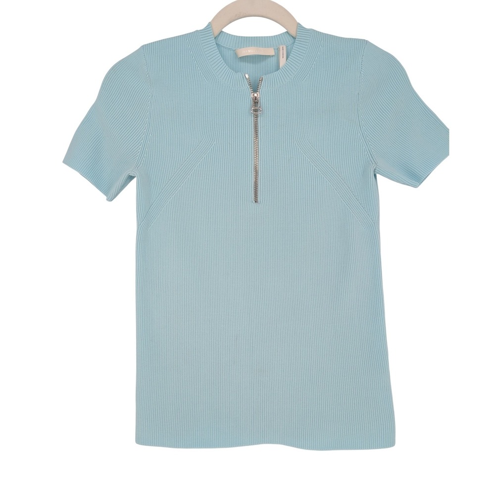Helmut Lang Essential Zip Tee Women S Aqua Blue Ribbed Knit Short Sleeve Spring